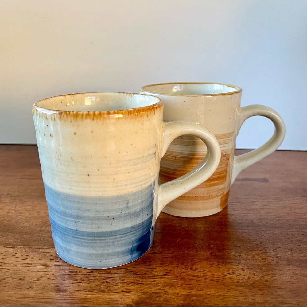 Set of 2 Gibson Everyday Pottery Mugs Blue And Tan